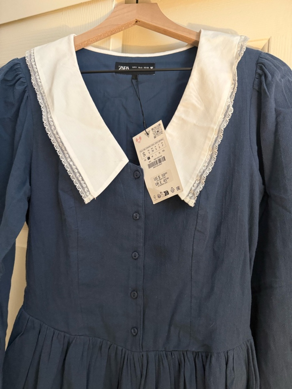 Zara Blue Dress with White Lace-Trim Collar